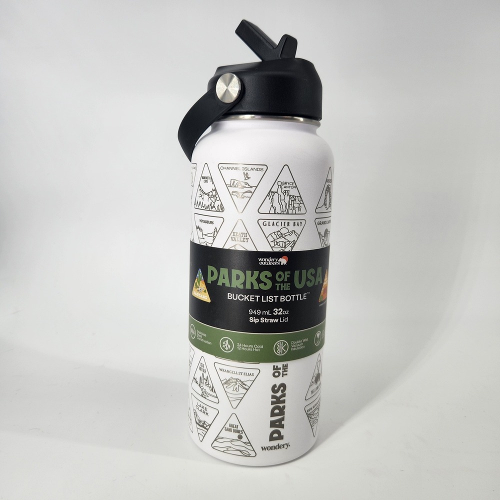 Wondery Outdoors Parks USA Bucket List Bottle 32oz White Sip‎ Straw Lid NEW